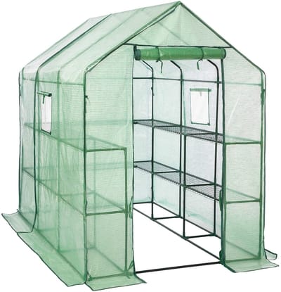 LARMNEE Broek, foliekas, tomatenhuis, inloopbare tomatenkas, PE roosterfolie, 14 planken en 2 ramen, stabiel, tuin, balkon, 145 x 212 x 198 cm, groen EGN13GH02G1