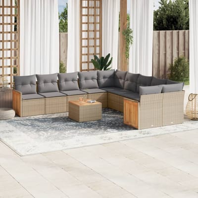 vidaXL - 11-delige - Tuinset - met - kussens - poly - rattan - beige