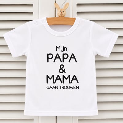 Baby shirtje jongen meisje tekst mijn papa en mama gaan trouwen | korte mouw T-Shirt | wit zwart | maat  68 |  leukste kleding babykleding cadeau verjaardag feest bruiloft huwelijk aankondigen bekendmaken