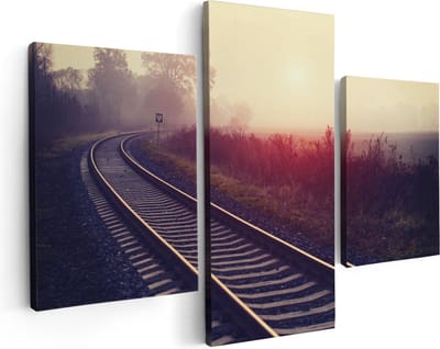 Artaza Canvas Schilderij Drieluik Spoorweg Rails Tijdens De Herfst Met Mist - 90x60 - Foto Op Canvas - Canvas Print