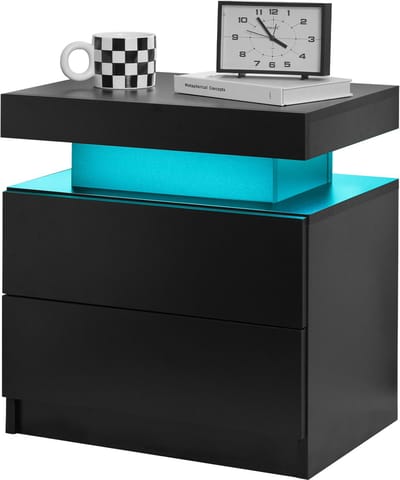 REDOM Nachtkastje 50 x 53 cm – Moderne Opbergkast met RGB LED en 2 Lades – Nachtkastje en Bijzettafel voor Slaapkamer of Woonkamer – MDF – Zwart