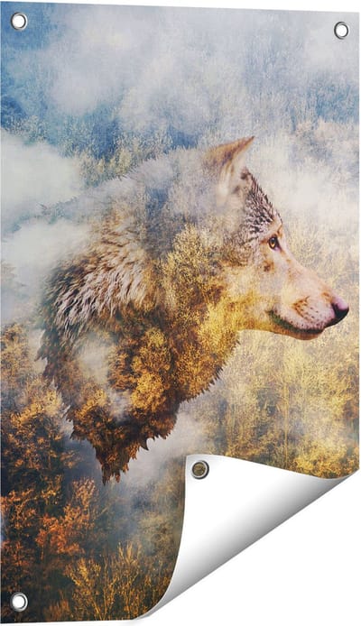 Gards Tuinposter Wolvenkop op een Herfstbos - Wolf - Abstract - 40x60 cm - Tuindoek - Tuindecoratie - Wanddecoratie buiten - Tuinschilderij