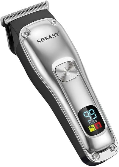Sokany, Draadloze haar- en baardtrimmer met LED-scherm voor nauwkeurige afwerking, Zwart / Zilver