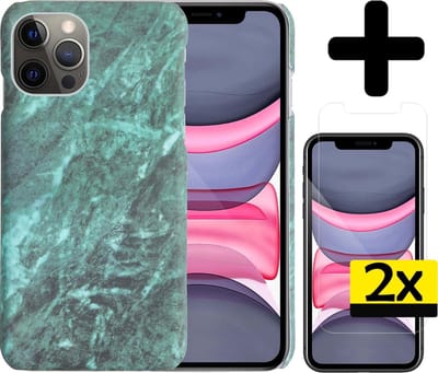 Hoesje Geschikt voor iPhone 11 Pro Hoesje Marmer Case Hard Cover Met 2x Screenprotector - Hoes Geschikt voor iPhone 11 Pro Case Marmer Hoesje Backcover - Groen