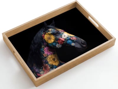 Dienblad hout 50x35 cm - Schootdienblad - Paard - Bloemen - Zwart - Borrelplank rechthoek - Plateau dienbladen