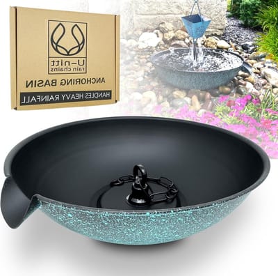 U-nitt 30,5 cm ankerbekken/kom/schotel voor regengoot, morskom voor fontein, met Scupper, vogelbadalternatief, met bevestigingsketting, zwart gepoedercoat met patina, 972PA