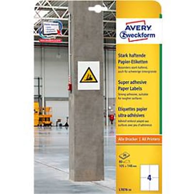 Avery papieren etiketten L7876-20, voor etikettering, sterk klevend, wit, 105 x 148 mm, 20 x A4 vellen, 80 st.
