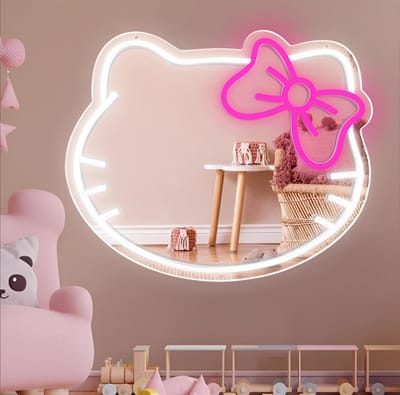 Neon Lamp Decoratie Spiegel – Hello Kitty – 37,5 x 45 CM - Dimbaar - USB A – Led Verlichting - Incl. Ophangmateriaal