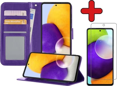 Hoesje - Met Screenprotector - Geschikt voor Samsung Galaxy A52 5G - Luxe Pasjeshouder - Flipcase - Bookcase Portemonee - Flip Case - Kunstleer Book Case - Book Cover - Walletcase - Portemonneehoes - Telefoonhoes - Paars
