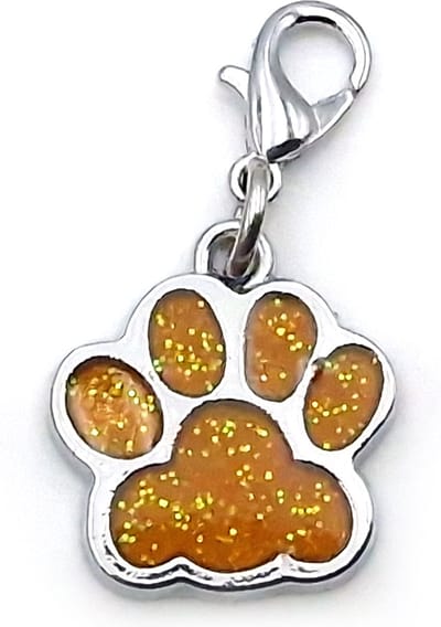 Metalen klikhanger sleutelhanger hondenpootje oranje met glitter voor ketting of halsband