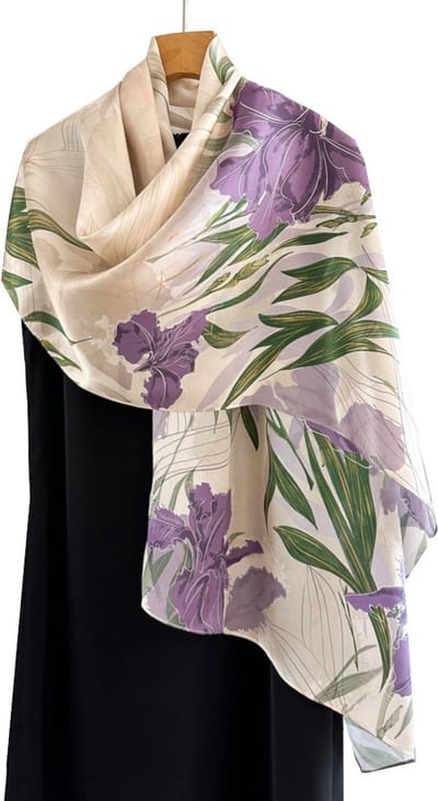Lange Zijden Sjaal - Dames Sjaal - Sjaal Zijde - Paarse Bloemen - 170cm