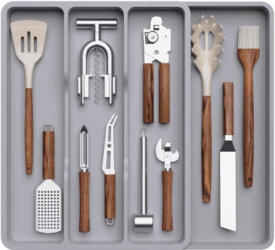 Keukengerei Lade Organizer, Uitbreidbaar Bestekbak voor Keuken, Verstelbaar Koken Zilverwerk Bestek Houder, Plastic Keuken Spatel Hulpmiddelen en Gadgets Opbergvak, 4 Vakken Grijs