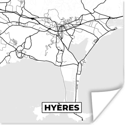 Poster Stadskaart - Plattegrond - Hyères - Kaart - Frankrijk - Zwart wit - 100x100 cm XXL