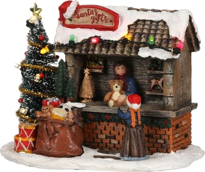 Luville Kerstdorp Miniatuur Santa's Gifts Cadeaukraam - Kerstversiering met Verlichting - Kerst Decoratie voor Binnen - Werkt op Batterijen of Adapter - L14 x B9 x H11 cm - Meerkleurig
