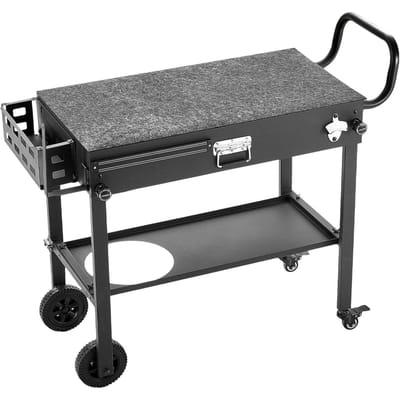 Chariot de barbecue d'extérieur, Table de cuisson avec plateau de 787 x 432 mm, Table de cuisine d'extérieur pliable avec porte-mouchoirs, Roues, Support magnétique pour outils, Préparation BBQ