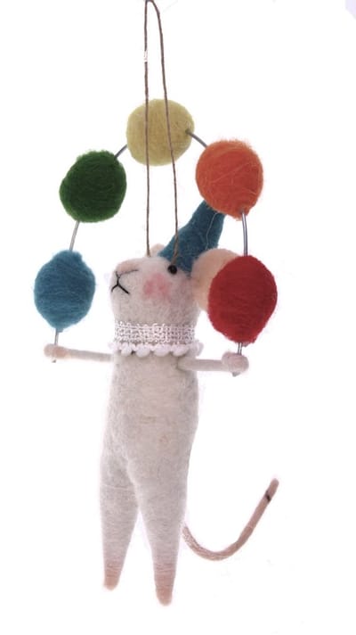 Muis jongleur blauwe hoed hangend vilt 10x7x16cm
