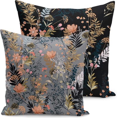 Bedrukt Kussenhoesje Flora -Velvet kussenhoes set van 2 - 45x45 cm - Bloemen op zwart/grijs - Aan beide zijdig bedrukt