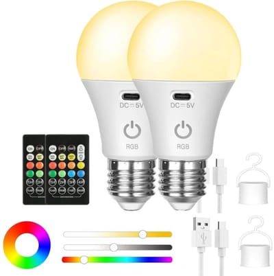 Ynkkvre - lamp - oplaadbare LED lamp met afstandsbediening - draadloze E27 RGB lamp met USB-C batterij en haak - voor binnen en buiten - 2 stuks