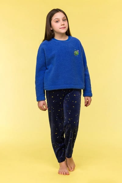 Woody pyjama meisjes/dames fleece - hoogblauw - dino - 242-10-WPI-M/875 - maat 116