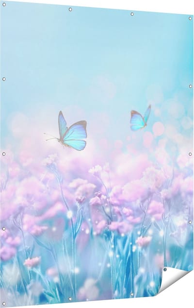 Gards Tuinposter Twee Blauwe Vlinders bij Roze Bloemen - 120x160 cm - Tuindoek - Tuindecoratie - Wanddecoratie buiten - Tuinschilderij