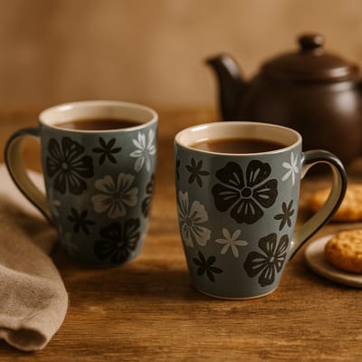 Mokken - Koffiekop - Theemok - Thee mokken - mokken set van 2 - Keramiek - Handgeschilderd - Grijs met bloemen