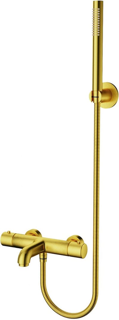 Thermostatische Bad/Douchekraan met Staafhanddouche en Handdouchehouder - Leoni - RVS - PVD - Geborsteld Goud