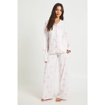 boohoo Dames Strik Print Lange Mouw Top & Broek Pyjama Set | Wit | Maat: 44