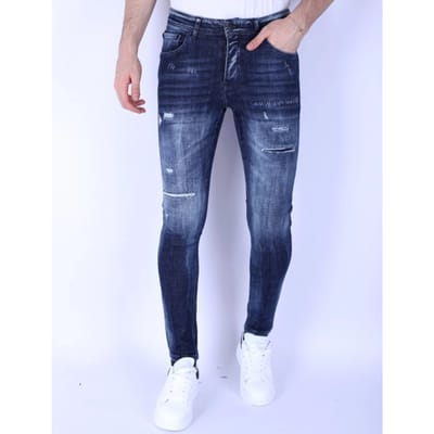 Jeans Heren - Spijkerbroek Heren Volwassenen - Donkerblauwe Slim Fit Heren Jeans met Gaten - 1101 - Blauw