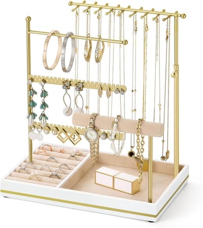 Sieradenhouder met 5 lagen, Organisator voor kettingen, oorbellen en armbanden, Elegante sieradenstandaard met metalen frame en fluwelen ringtray, Perfect cadeau voor vrouwen in goud