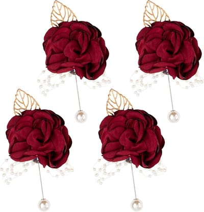 Bloemen Boutonniere - Bruidegom Corsage - Feestelijke Decoratie - Luxe Materialen - 4 Stuks - Wijnrood