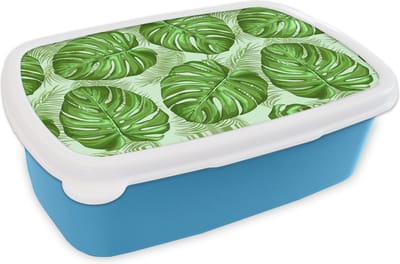 Broodtrommel Blauw - Lunchbox - Brooddoos - Monstera - Palmblad - Patronen - 18x12x6 cm - Kinderen - Jongen