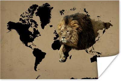 Poster 30x20 cm - Wereldkaart - Zwart - Leeuw - Posters - Kamer decoratie - Wanddecoratie woonkamer - Muurdecoratie slaapkamer