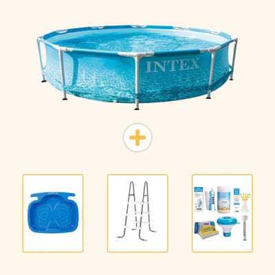 Intex Rond Frame Zwembad - 305 x 76 cm - Waterprint - Inclusief Voetenbad - Ladder - Onderhoudspakket - 4-delig