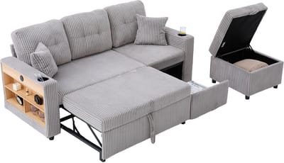 REDOM - Slaapbank Met Opbergruimte En Uitschuifbed - Modern - Voor Woonkamer Of Logeerkamer - Ribstof - Lichtgrijs - 196 X 82-144 X 85 Cm