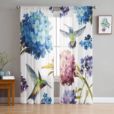Vintage Bloemen Kolibrie Hortensia Transparante Gordijnen voor Woonkamer Decoratie Raamgordijnen Keuken Tule Voile Gordijnen W135 x H115cm x1 white
