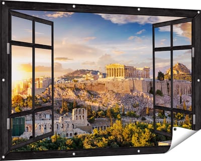 Gards Tuinposter Doorkijk Akropolis van Athene, Griekenland - Architectuur - 150x100 cm - Tuindoek - Tuindecoratie - Wanddecoratie buiten - Tuinschilderij