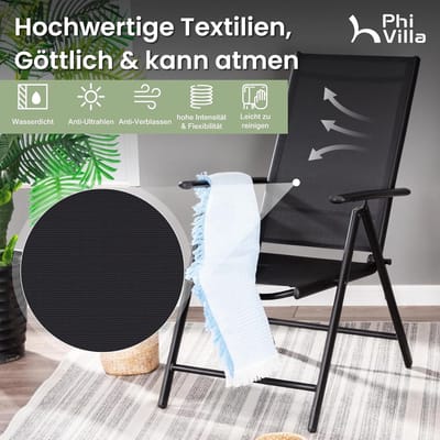 Tuinmeubelset 6 Personen 152x95x72 cm met 6 Verstelbare Tuinstoelen (7 Posities) Inklapbaar Weerbestendig Zwart Staal met Parasolgat 4 cm – Laura