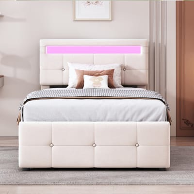 Kinderbed 90 x 200 cm beige - fluweelstof - LED-verlichting - Hydraulisch - bed met opbergruimte - gestoffeerd bed - 200 kg draagkracht