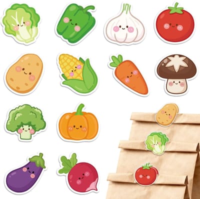 Dailygoods- Groentezakjes 24 stuks - Sluitclips/Acryl - Paddenstoel/Tomaat/Kool - Grappige Houder - Ideaal voor Snacks/Broodzakken