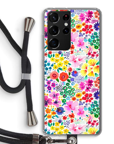 Case Company® - Hoesje met koord geschikt voor Samsung Galaxy S21 Ultra hoesje met Koord - Little Flowers - Telefoonhoesje met Zwart Koord - Bescherming aan alle Kanten en Over de Schermrand