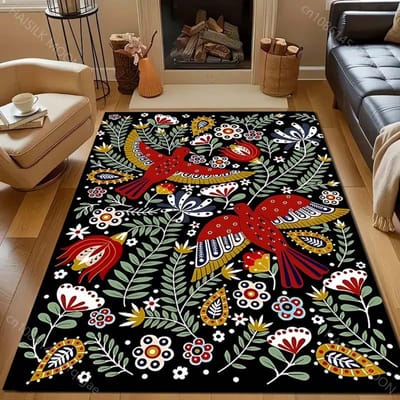 Cartoon Vogels en Bloemen Print Tapijt voor Slaapkamer Woonkamer Bedzijde Sofa Vloermat Modern Huisdecoratie Ruimtegebied Vloerkleed 40x60cm (16x24in)