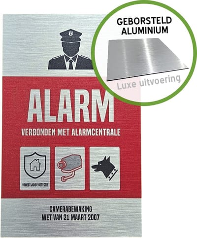 Pictogram/ bord Dibond geborsteld | "Alarm - Verbonden met alarmcentrale" | 19 x 32 cm | Politie | Cameratoezicht | Camerabewaking Wetgeving maart 2007 | CCTV | Waakhond | Roestvrij | 1 stuk