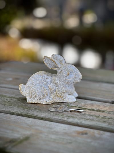 Sleutel-verstopdoosje / Sleutelkluis / Verborgen sleutelhouder / Sleutel verstopplaats HAAS 7,5 cm hoog - polyester - voor buiten - tuindecoratie - tuinbeeld - cadeau - geschenk - gift