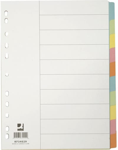 Q-CONNECT tabbladen | A4 | karton | 11-gaatsperforatie | 10 tabs | geassorteerde kleuren