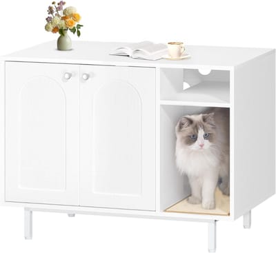 TIM® Kattenbak Kast - Kattenhuis - Kattenmand - Halmeubel – Dierenhuis - Nachtkastje - Kattenkast -Dressoir – Kattenhok - Bijzetkastje - Krabpaal - Katten Mand - Wit - 50cm x 80cm x 61cm