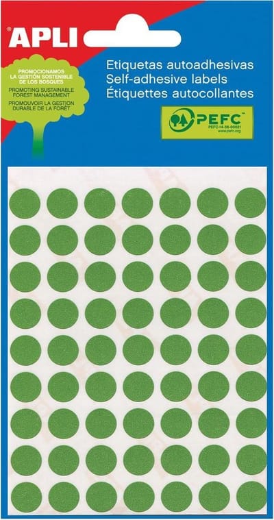 Apli ronde etiketten in etui diameter 13 mm, groen, 175 stuks, 35 per blad (2058)