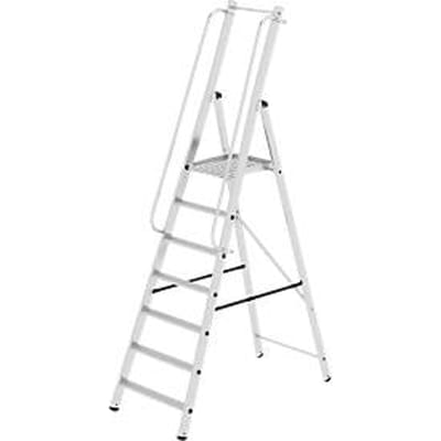 Munk platformladder, 7 treden, aluminium, stevige rechthoekige buisbomen, groot platform, voorgemonteerde leuningen, antislip ladderschoenen, 150 kg