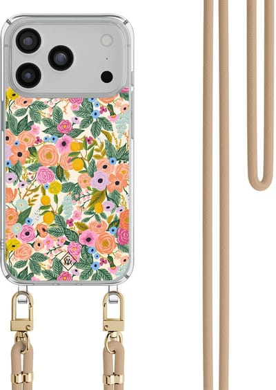 Casimoda® hoesje met beige koord - Geschikt voor iPhone 17 Pro Max - Pink Garden - Afneembaar koord - TPU/polycarbonaat - Multi