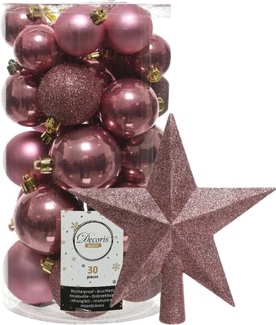 Decoris kerstballen 30x stuks - oud roze 4/5/6 cm kunststof mat/glans/glitter mix en kunststof piek 19 cm