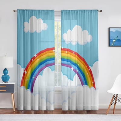Fluffy Wolken en Regenboog Lucht Tule Gordijnen voor Woonkamer Kinderkamer Decoratie Chiffon Transparant Voile Raamgordijn Draperieën 1 PCS W100XH250cm&Grommet Top
